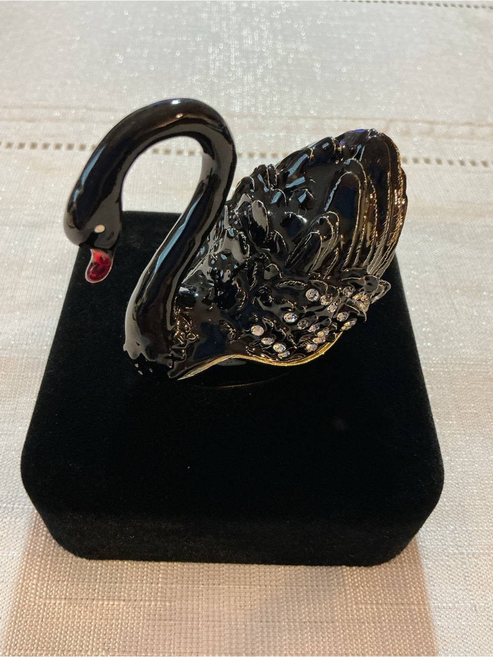 Black Enamel Swan Figural Vintage Style Gold Tone Trinket Box